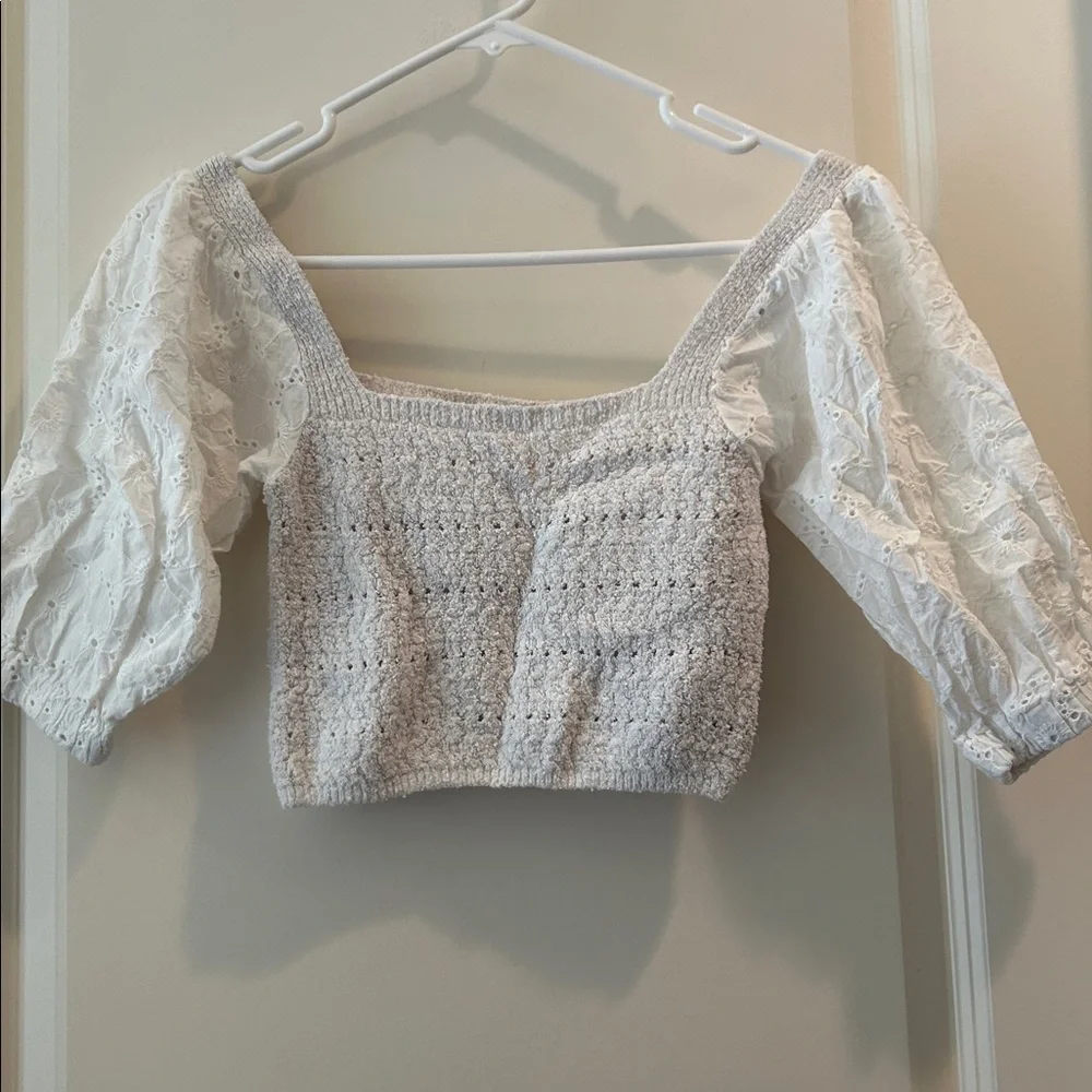 Zara Crochet Knit Cropped Top Square Neck w/ Puff Eyelet Sleeves elastic size S